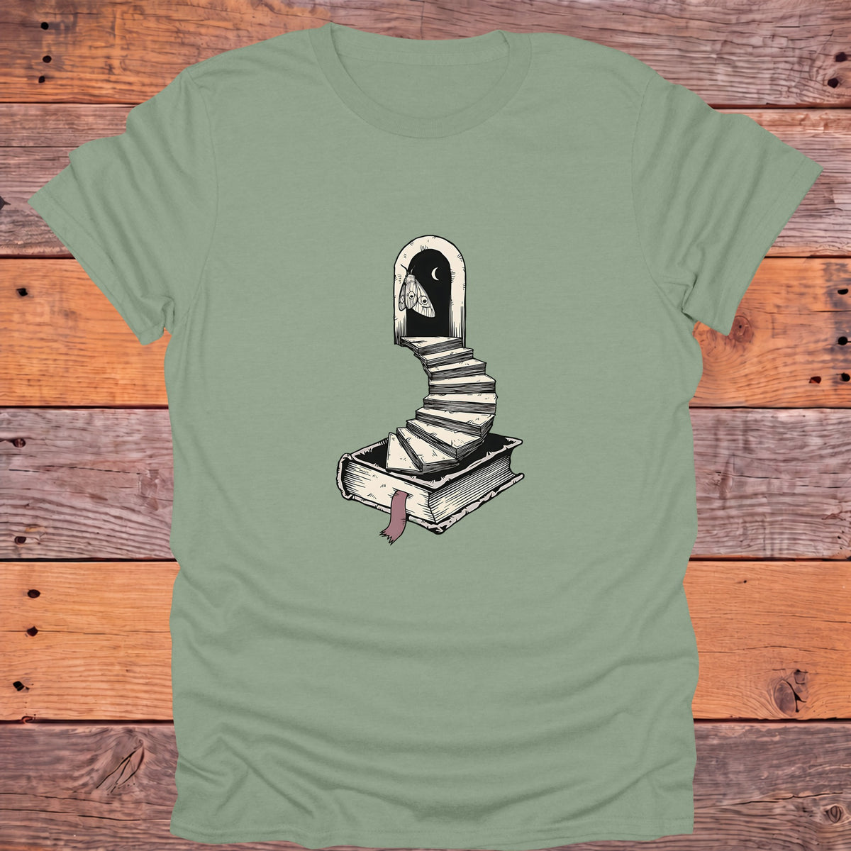 Moth Doorway Book Staircase Gothic Bookish T-Shirt - Sage