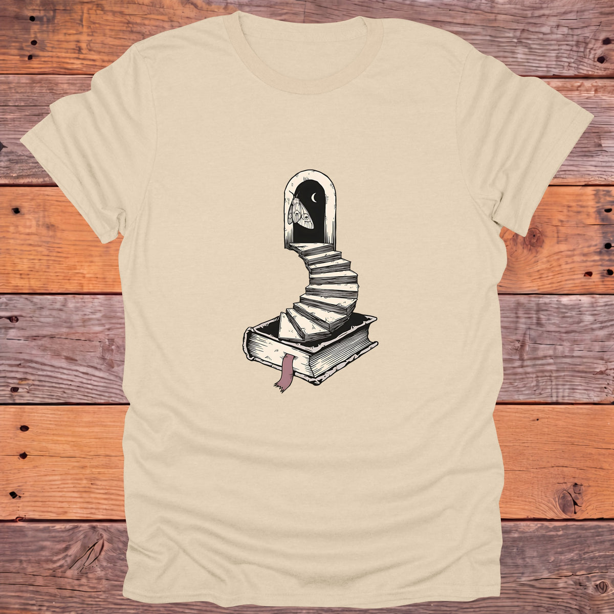 Moth Doorway Book Staircase Gothic Bookish T-Shirt - Sand