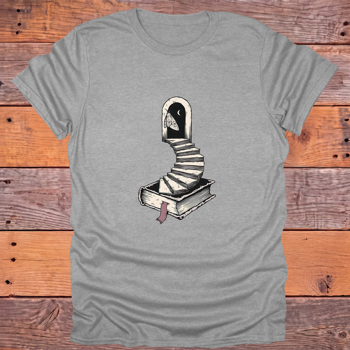 Moth Doorway Book Staircase Gothic Bookish T-Shirt - Sport Grey