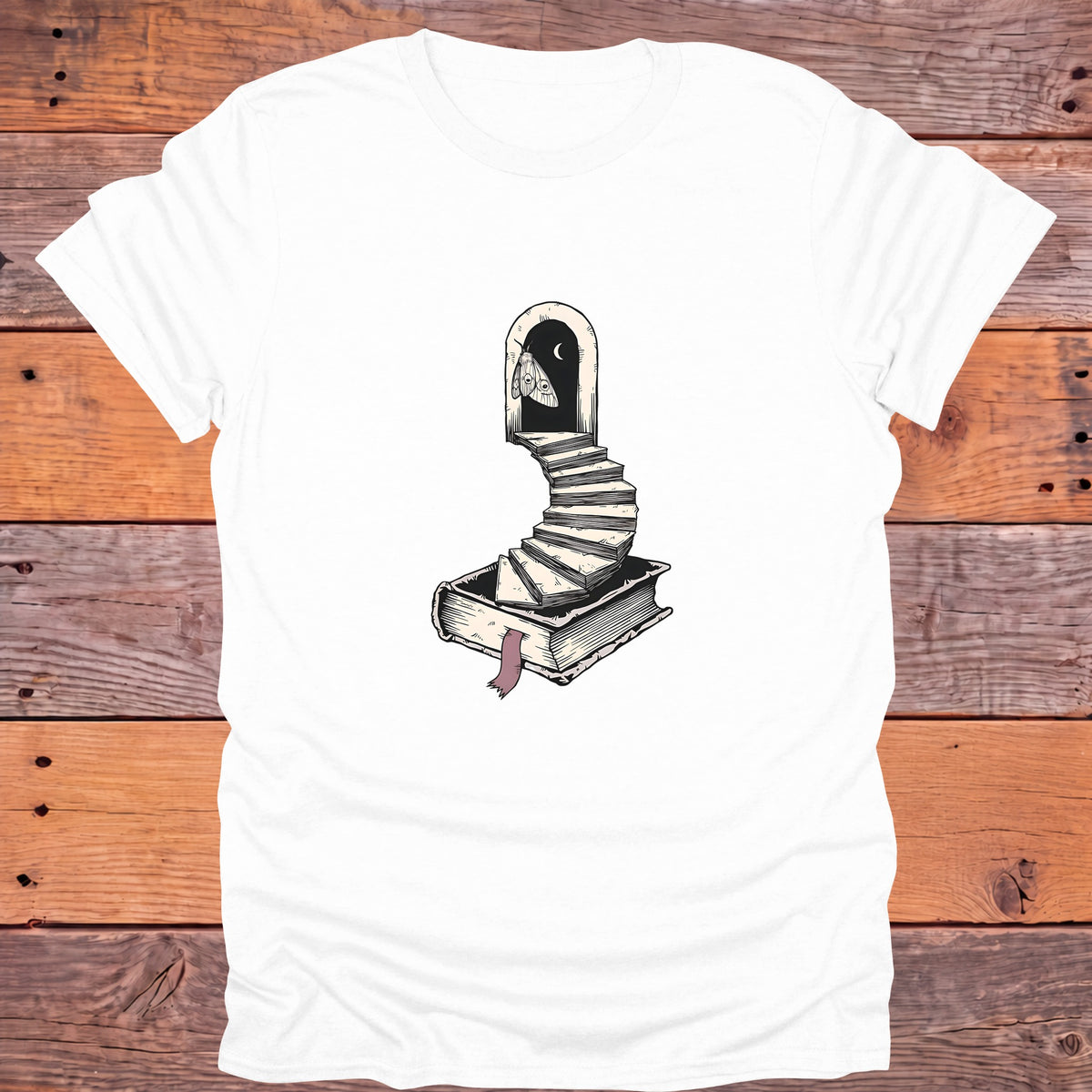 Moth Doorway Book Staircase Gothic Bookish T-Shirt - White