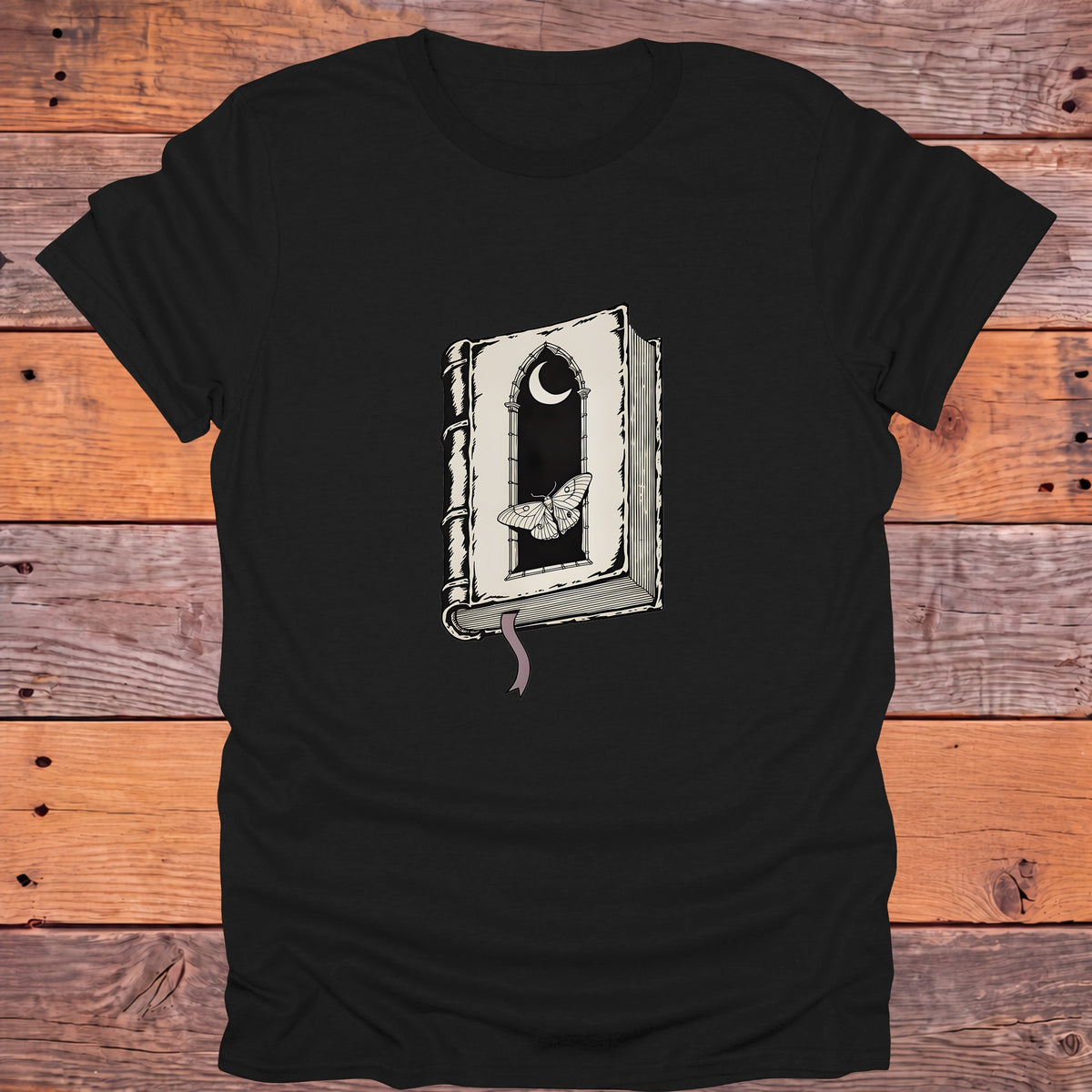 Gothic Moth Window Crescent Moon Bookish T-Shirt - Black