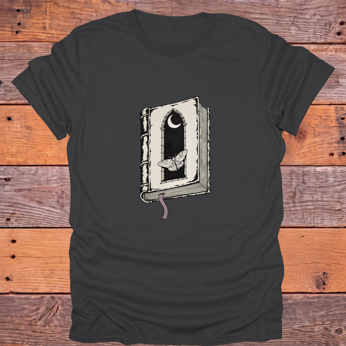 Gothic Moth Window Crescent Moon Bookish T-Shirt - Charcoal