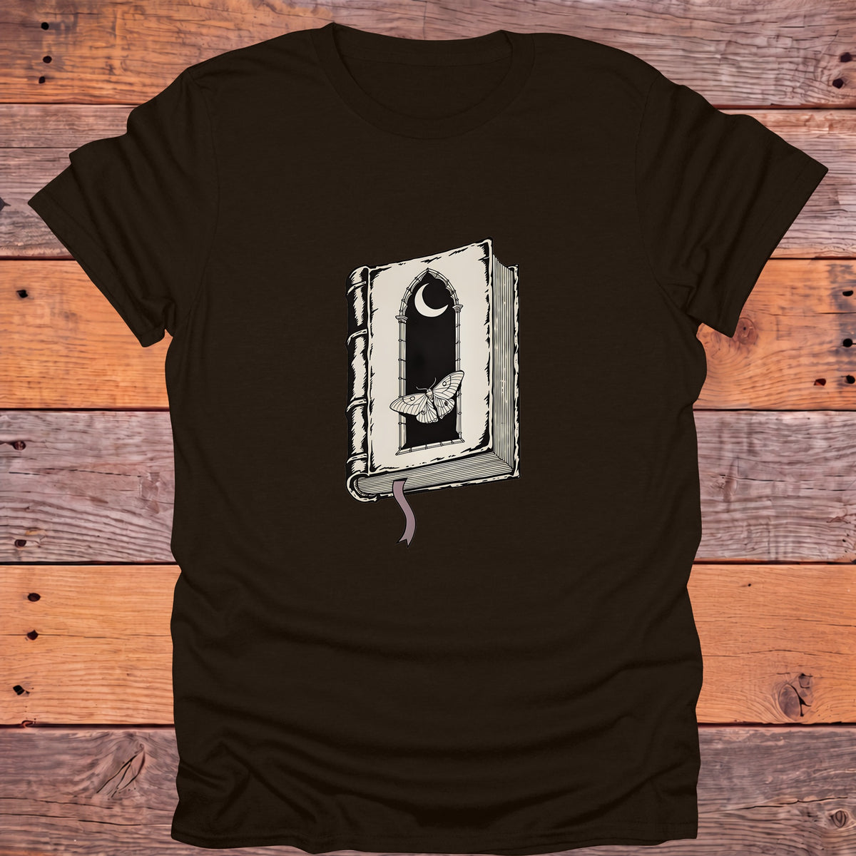 Gothic Moth Window Crescent Moon Bookish T-Shirt - Dark Chocolate