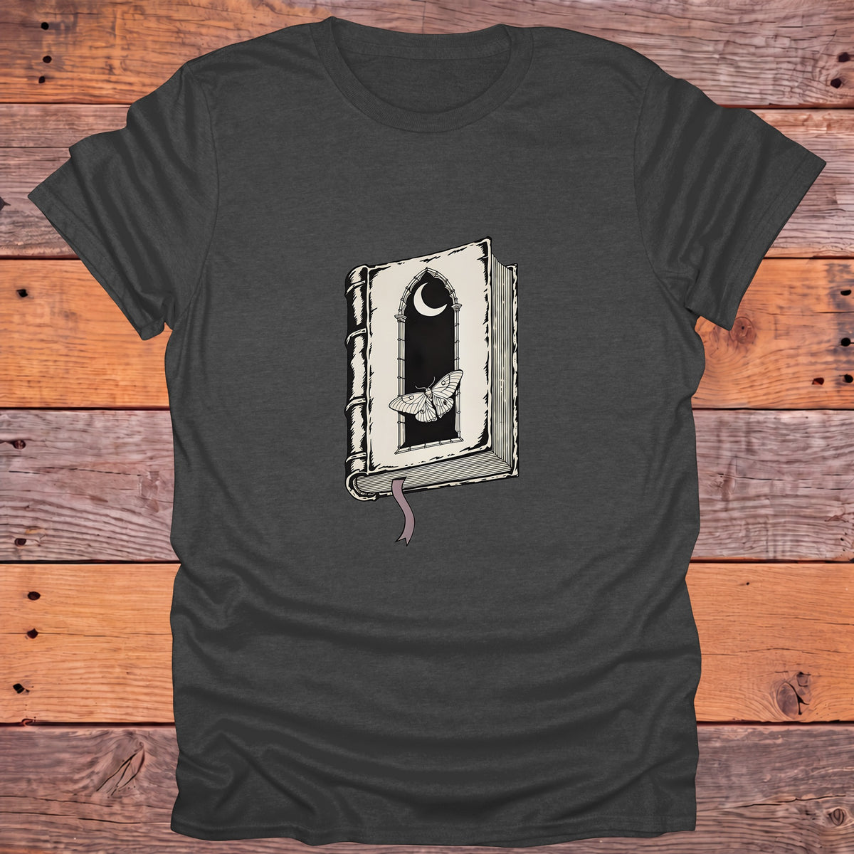Gothic Moth Window Crescent Moon Bookish T-Shirt - Dark Heather