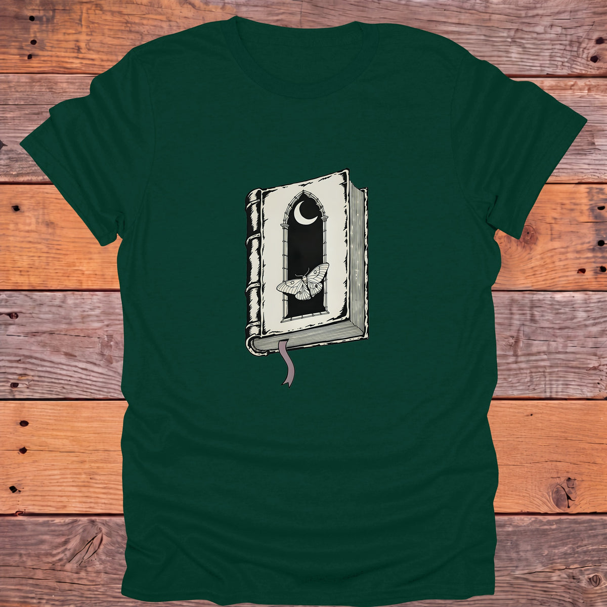 Gothic Moth Window Crescent Moon Bookish T-Shirt - Forest Green
