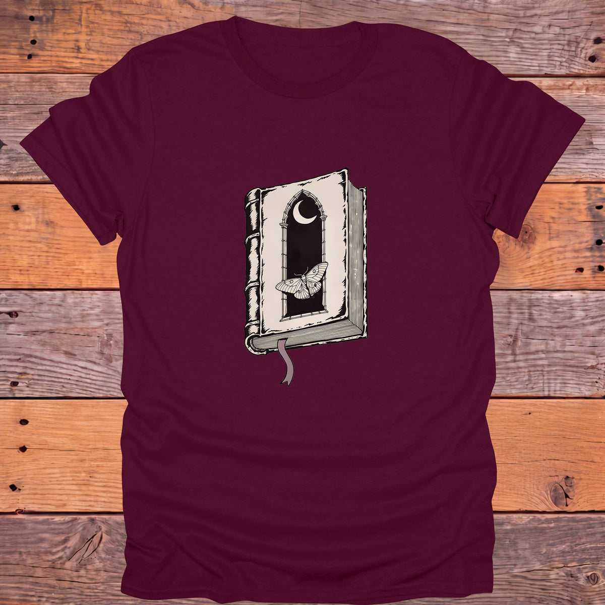 Gothic Moth Window Crescent Moon Bookish T-Shirt - Maroon