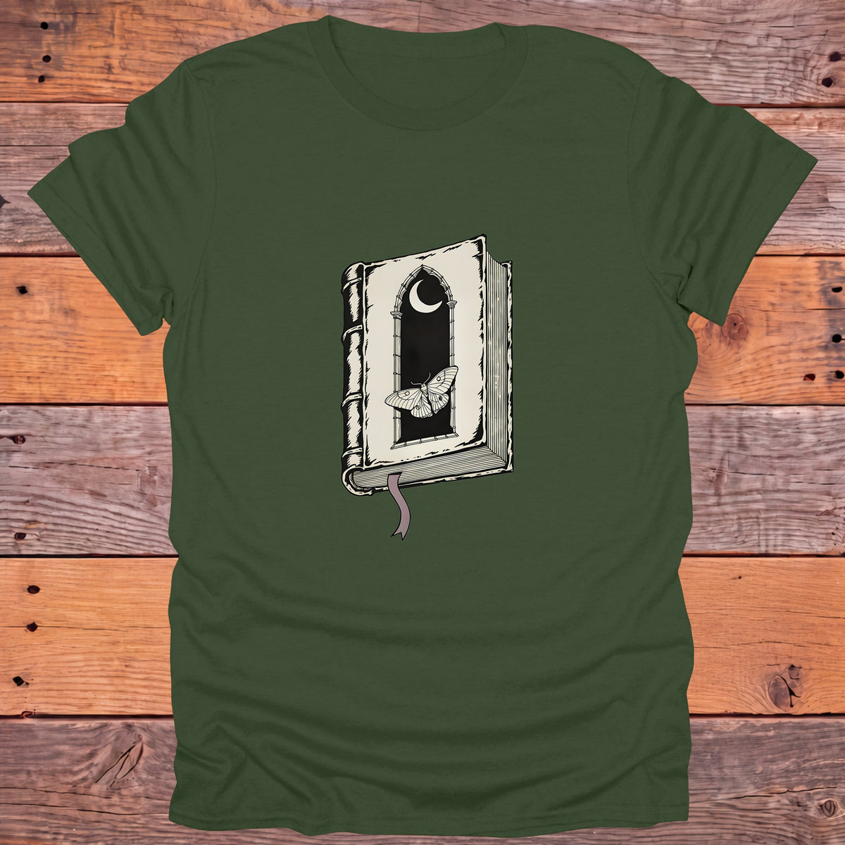 Gothic Moth Window Crescent Moon Bookish T-Shirt - Military Green