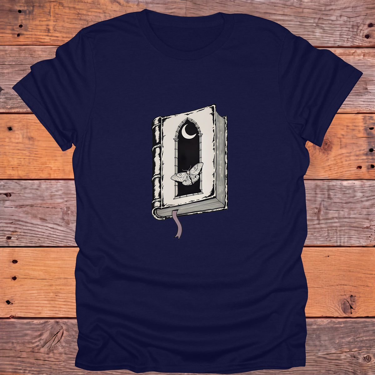 Gothic Moth Window Crescent Moon Bookish T-Shirt - Navy