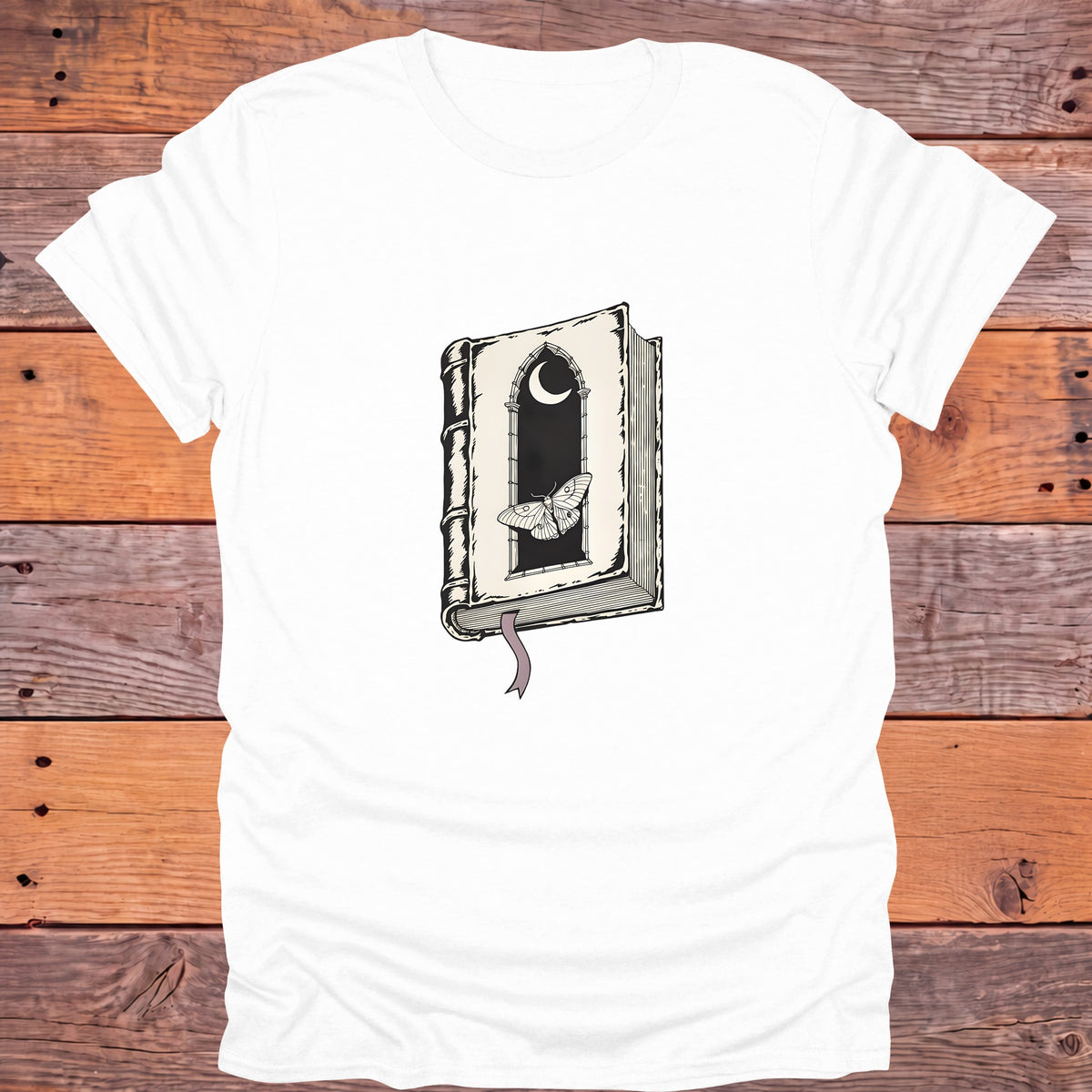 Gothic Moth Window Crescent Moon Bookish T-Shirt - White