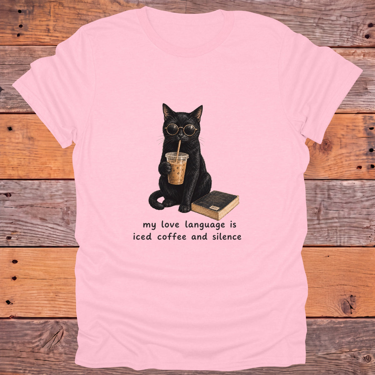 My Love Language Is Iced Coffee and Silence Black Cat Bookish T-Shirt - Light Pink