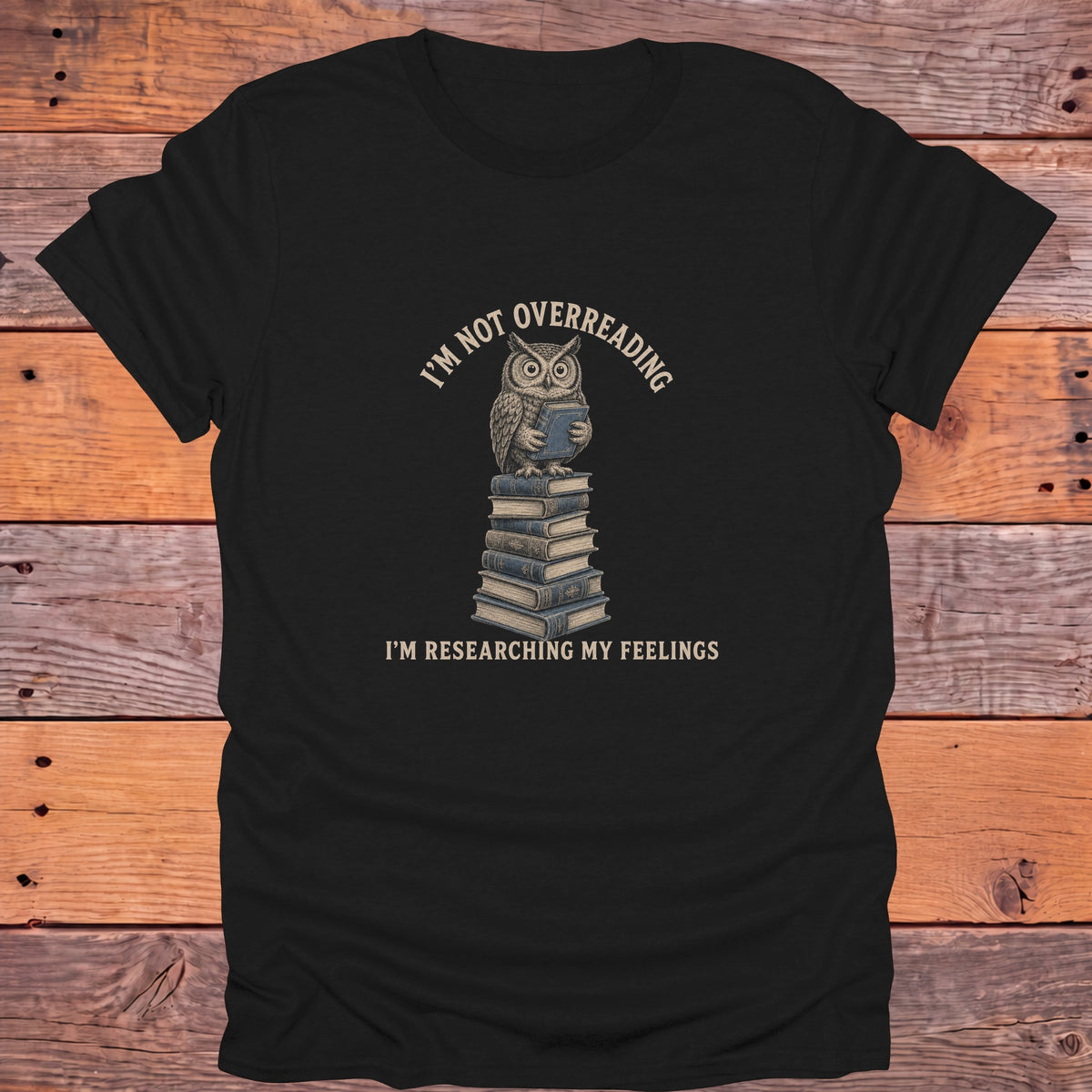 Not Overreading Researching Feelings Owl Bookish T-Shirt - Black