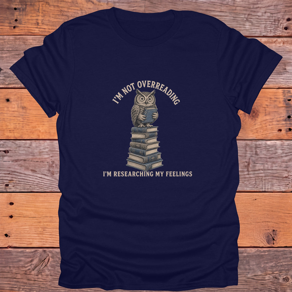 Not Overreading Researching Feelings Owl Bookish T-Shirt - Navy