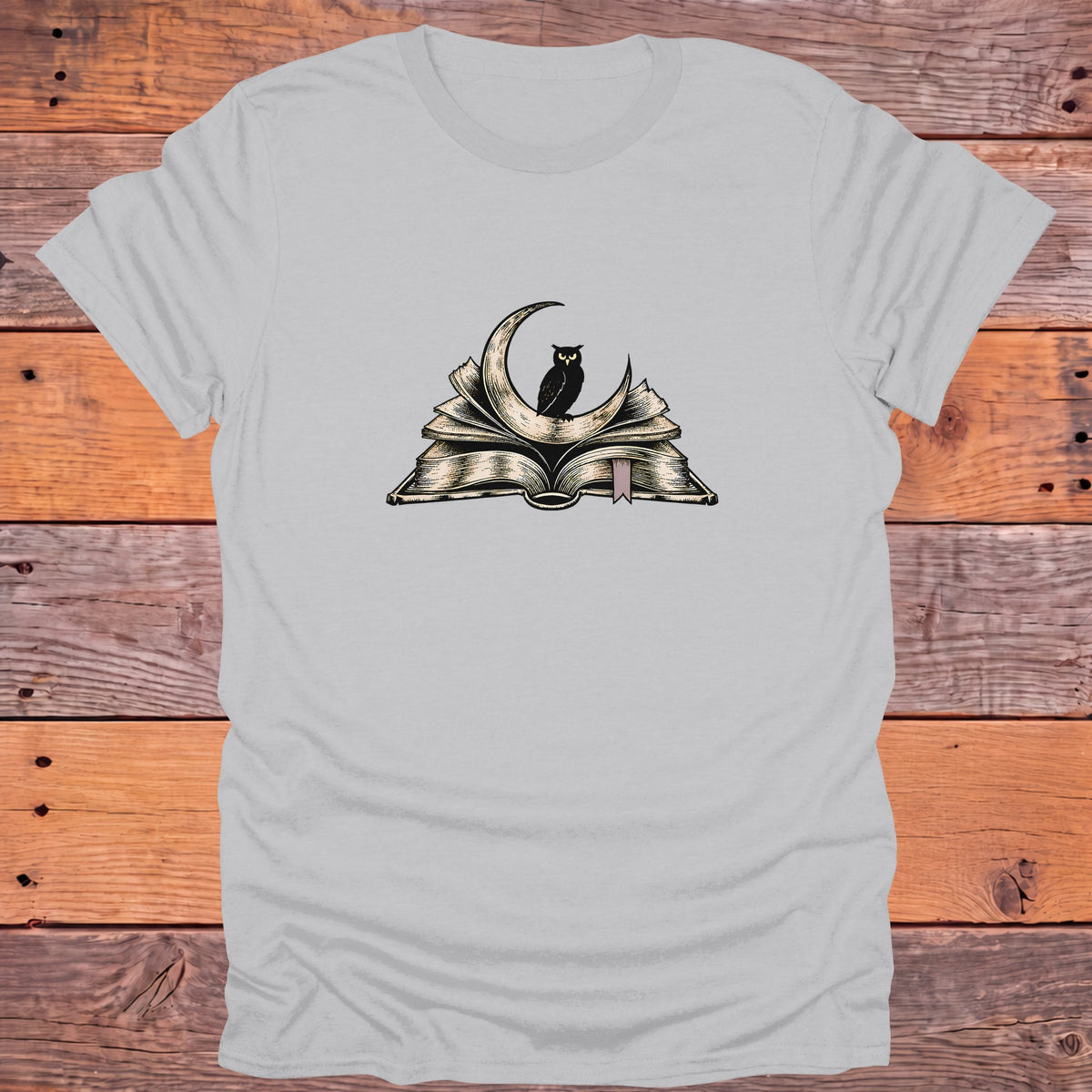Owl on Crescent Moon Open Book Bookish T-Shirt - Ice Grey