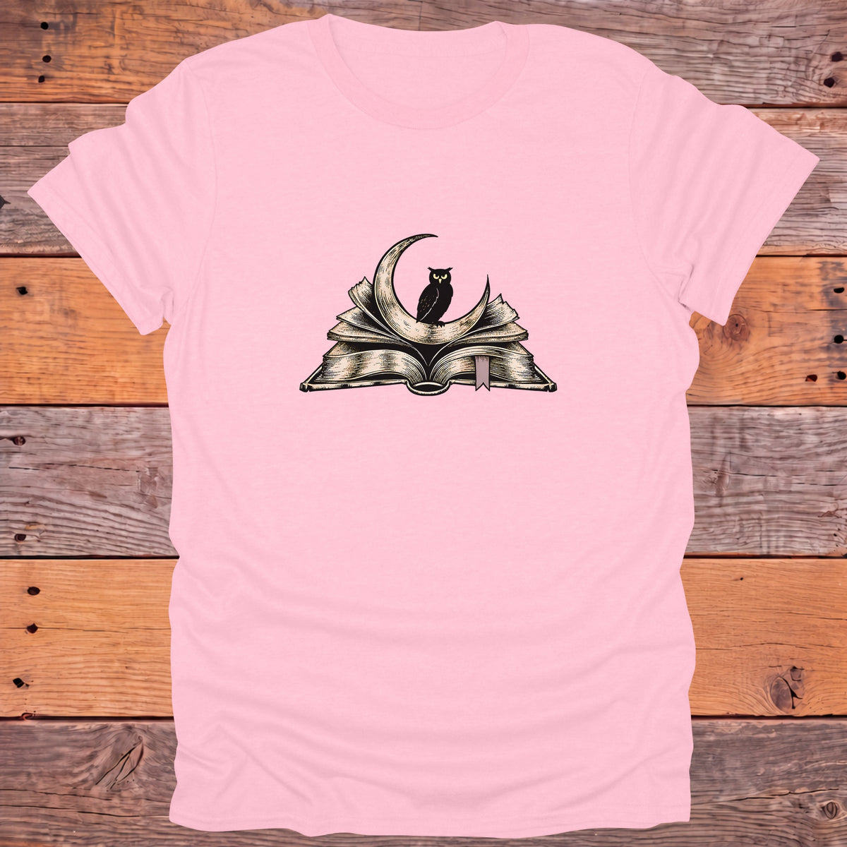 Owl on Crescent Moon Open Book Bookish T-Shirt - Light Pink