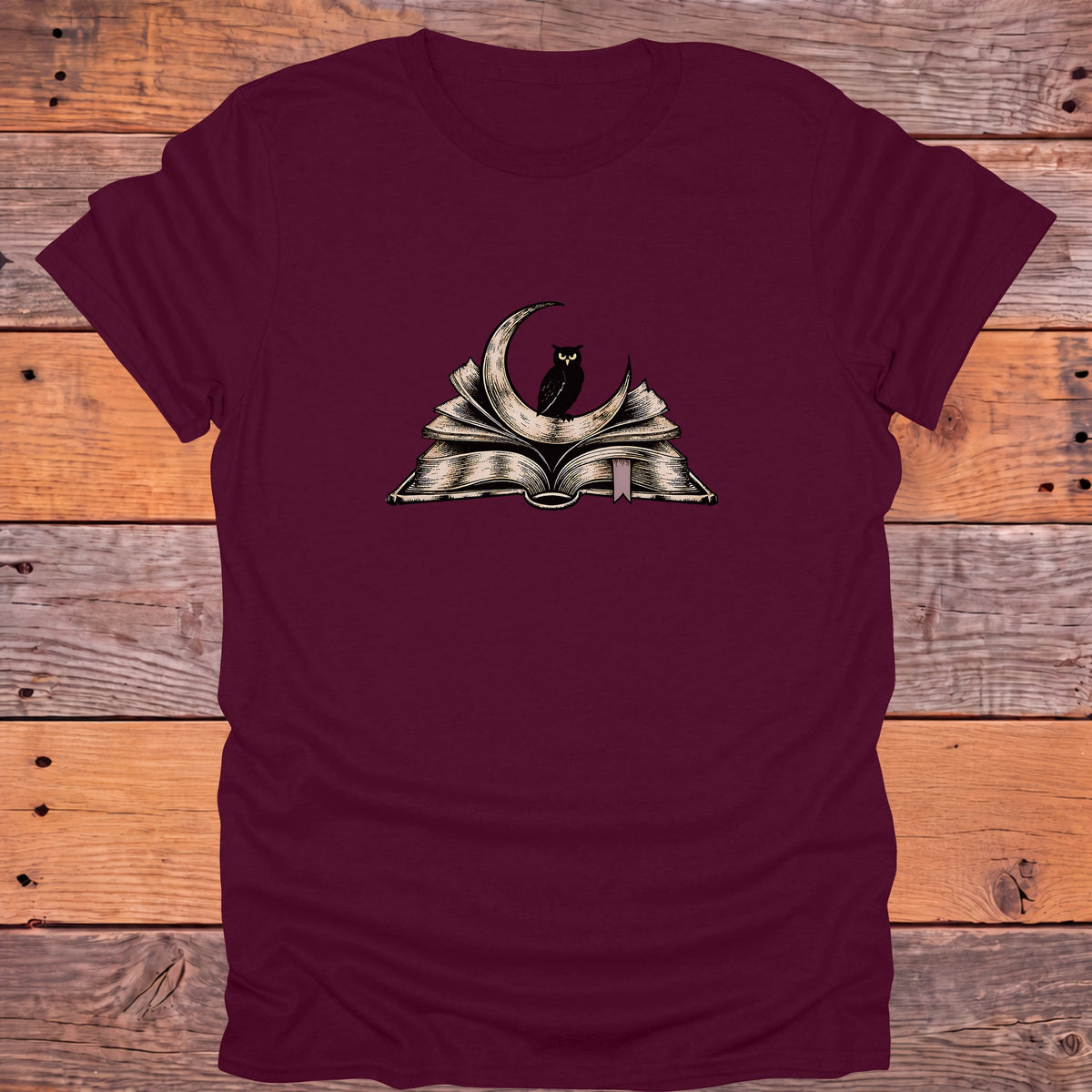 Owl on Crescent Moon Open Book Bookish T-Shirt - Maroon