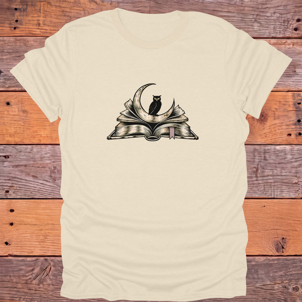Owl on Crescent Moon Open Book Bookish T-Shirt - Natural