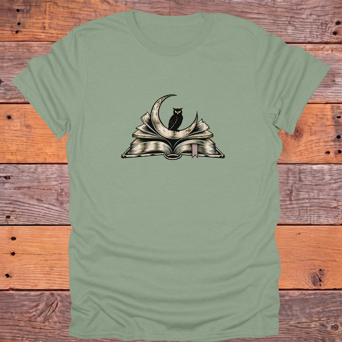 Owl on Crescent Moon Open Book Bookish T-Shirt - Sage