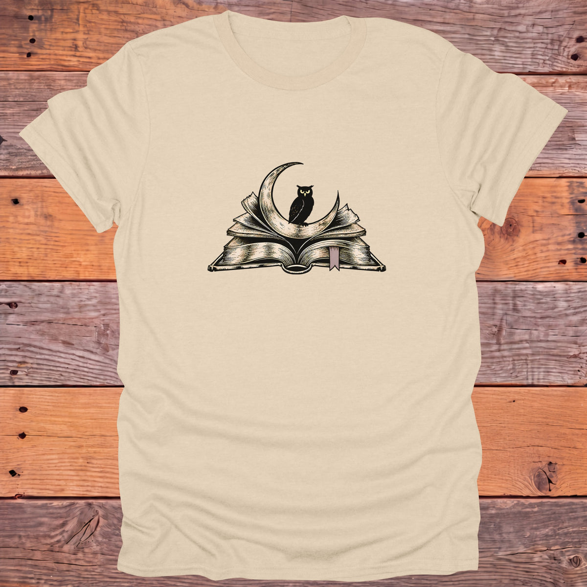 Owl on Crescent Moon Open Book Bookish T-Shirt - Sand