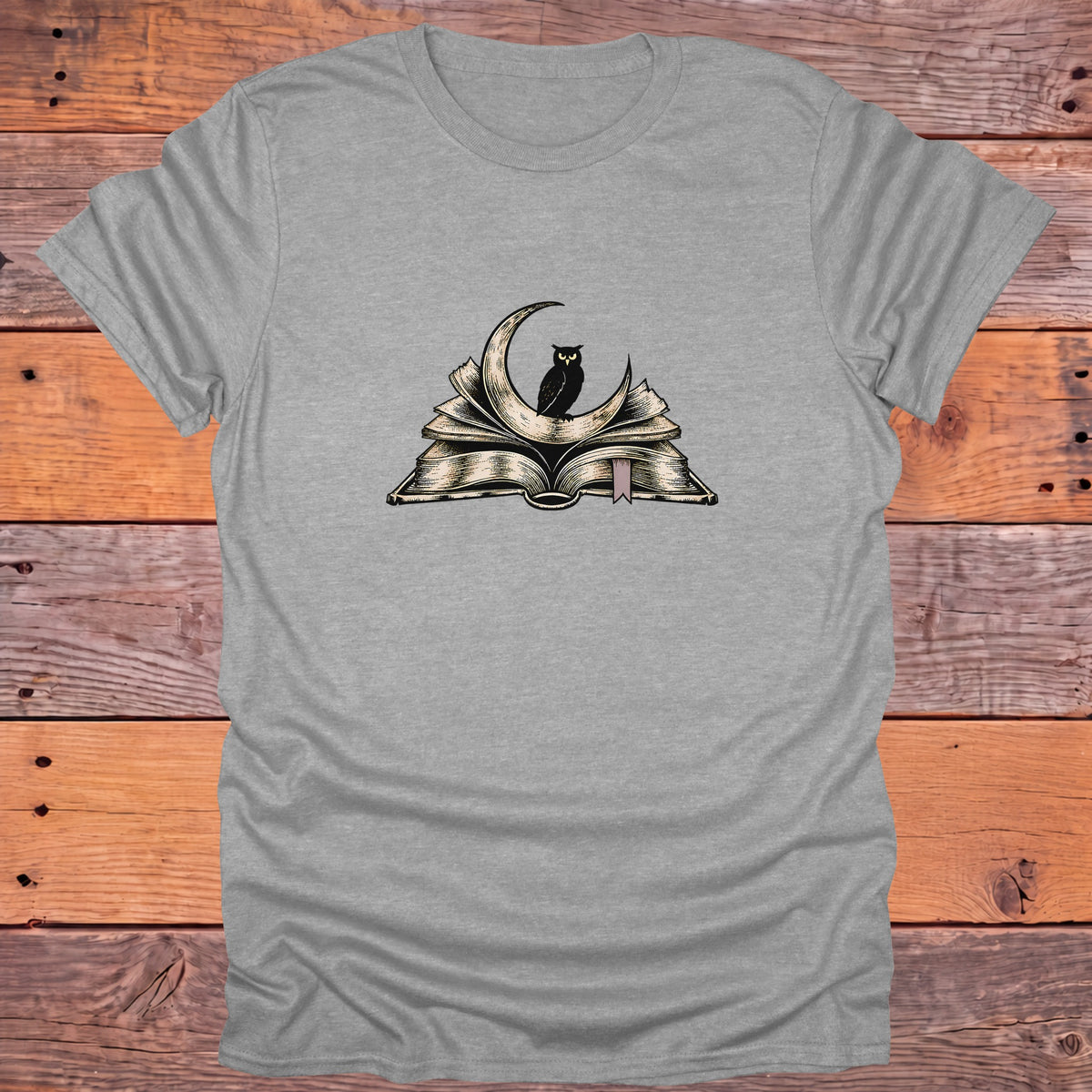 Owl on Crescent Moon Open Book Bookish T-Shirt - Sport Grey