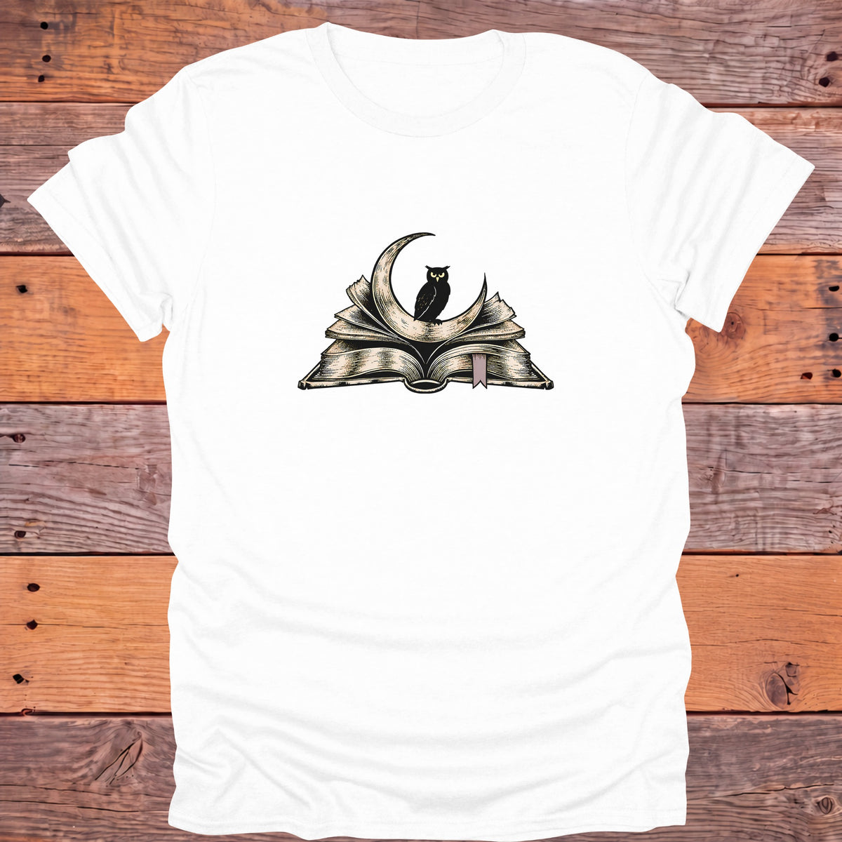 Owl on Crescent Moon Open Book Bookish T-Shirt - White