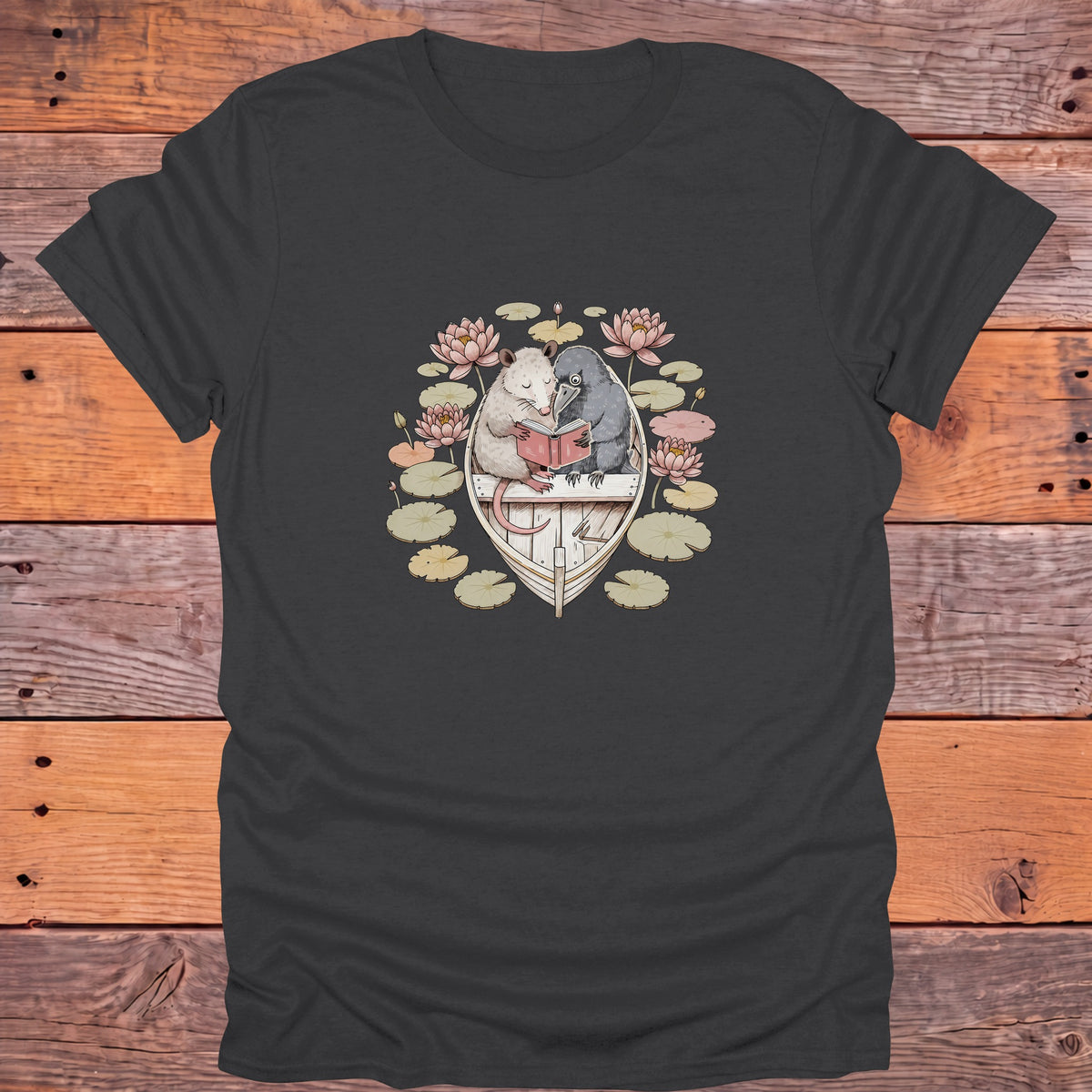 Possum and Crow Reading in a Boat Bookish T-Shirt - Charcoal