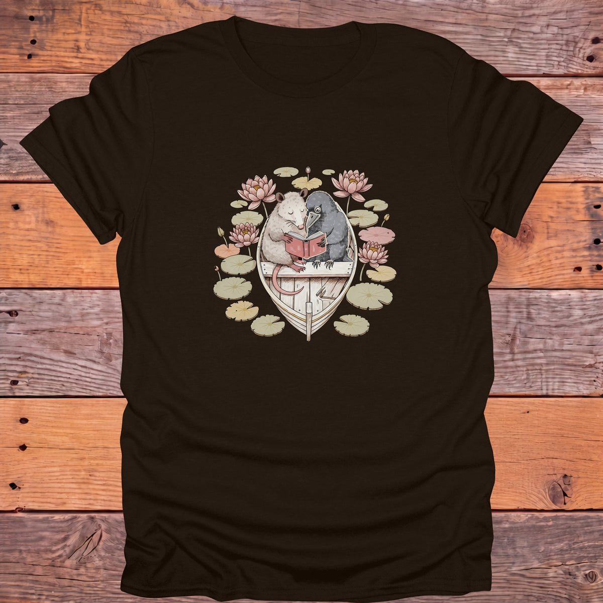 Possum and Crow Reading in a Boat Bookish T-Shirt - Dark Chocolate