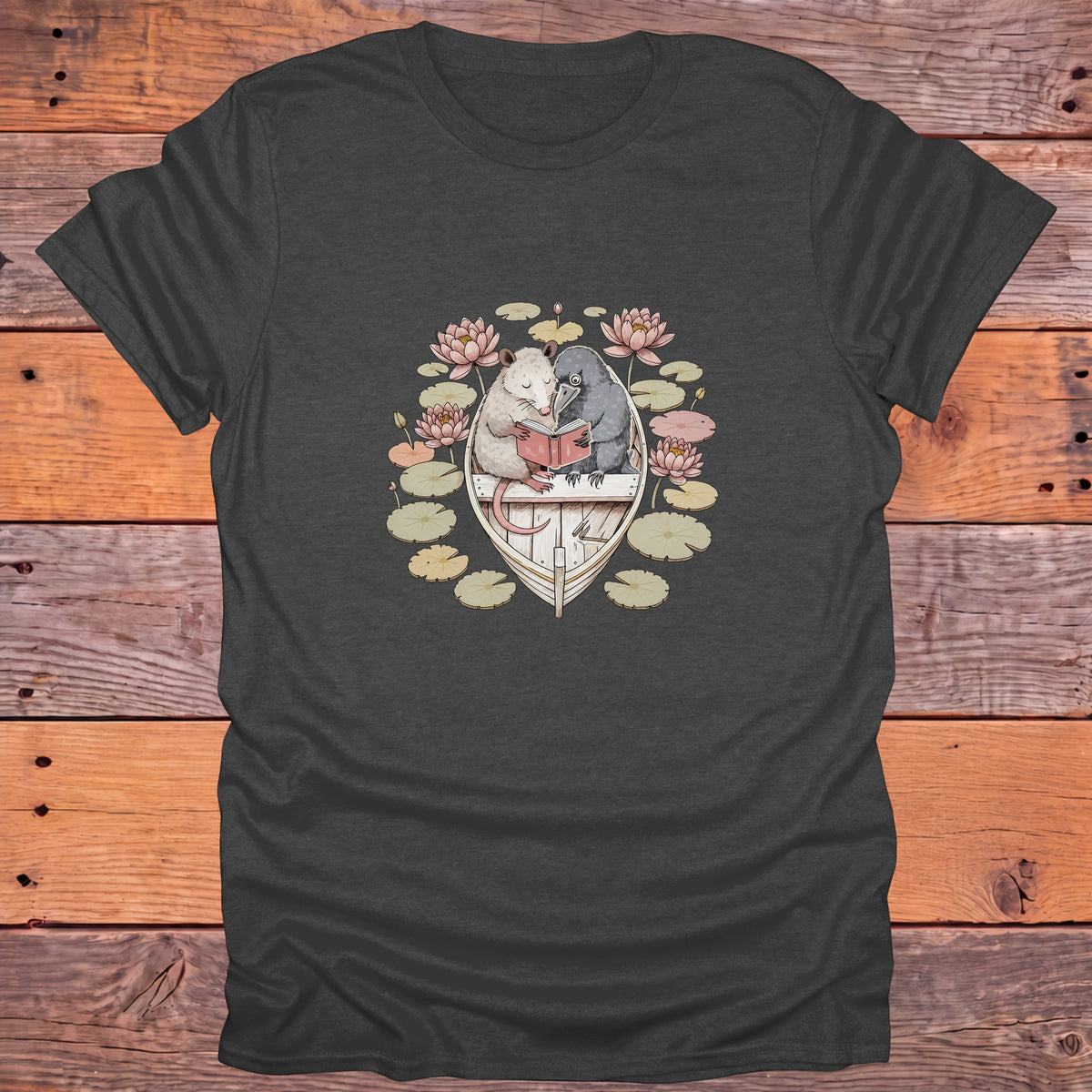 Possum and Crow Reading in a Boat Bookish T-Shirt - Dark Heather