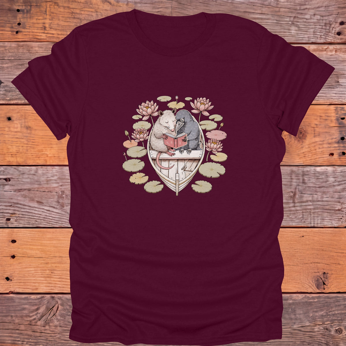 Possum and Crow Reading in a Boat Bookish T-Shirt - Maroon