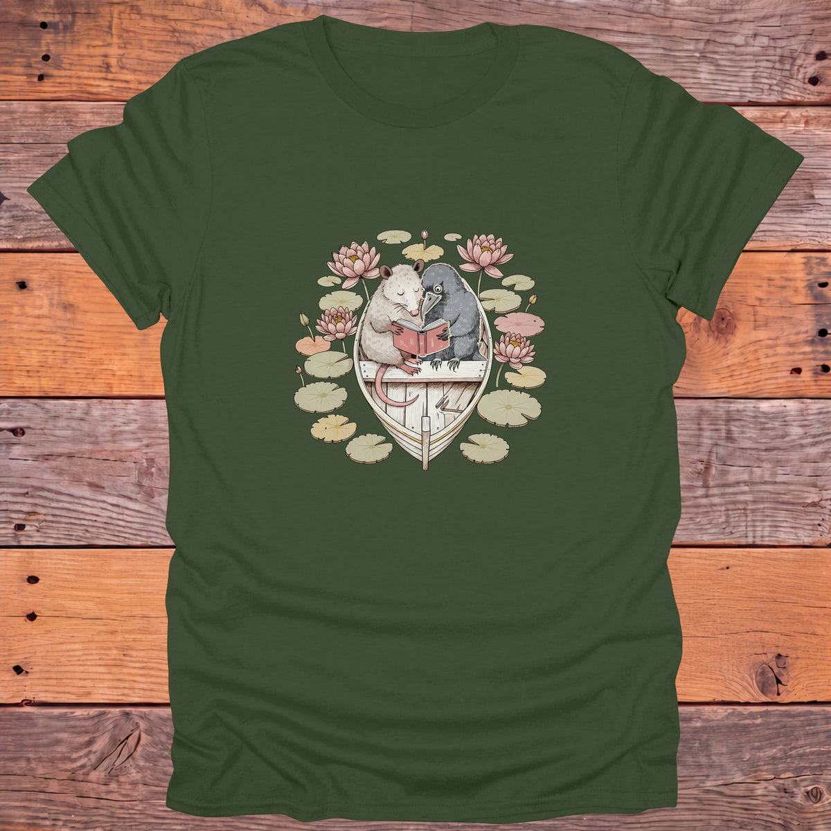 Possum and Crow Reading in a Boat Bookish T-Shirt - Military Green