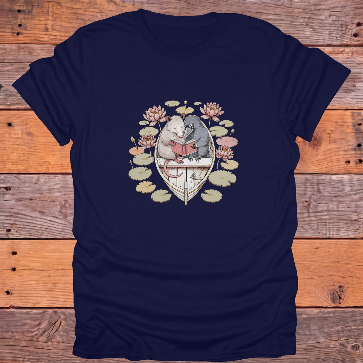 Possum and Crow Reading in a Boat Bookish T-Shirt - Navy