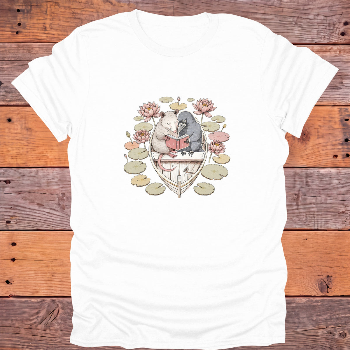 Possum and Crow Reading in a Boat Bookish T-Shirt - White