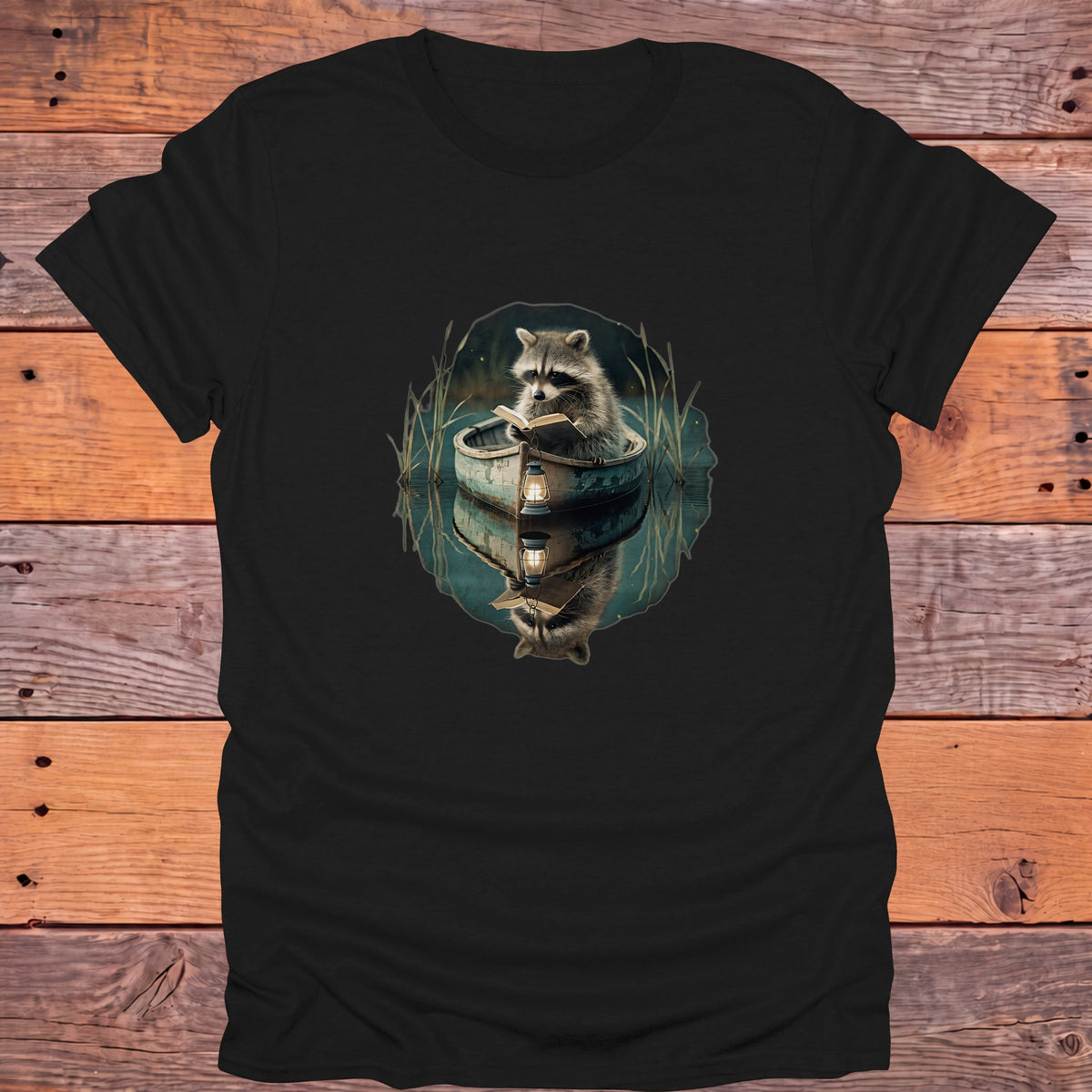 Raccoon Reading in a Rowboat Bookish T-Shirt - Black