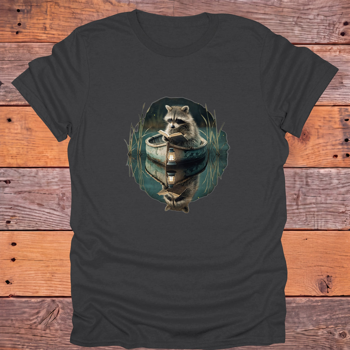 Raccoon Reading in a Rowboat Bookish T-Shirt - Charcoal