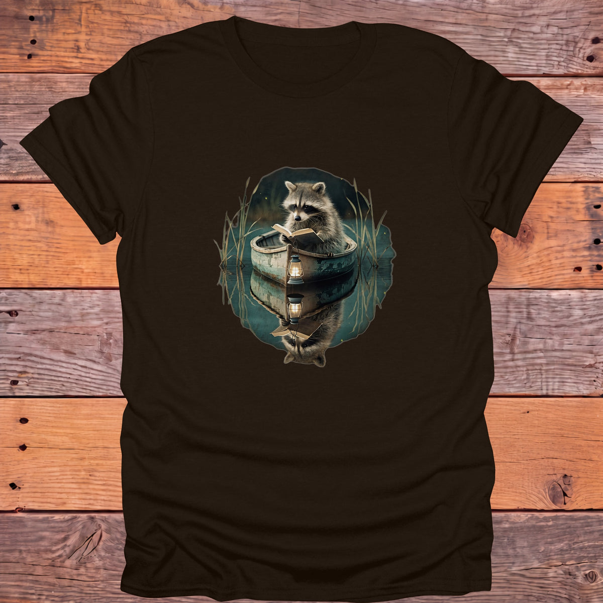 Raccoon Reading in a Rowboat Bookish T-Shirt - Dark Chocolate