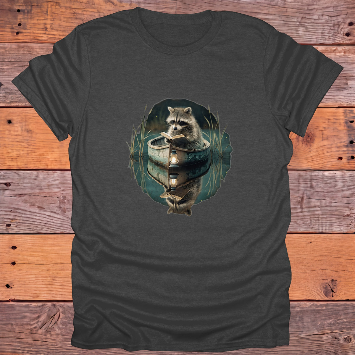 Raccoon Reading in a Rowboat Bookish T-Shirt - Dark Heather