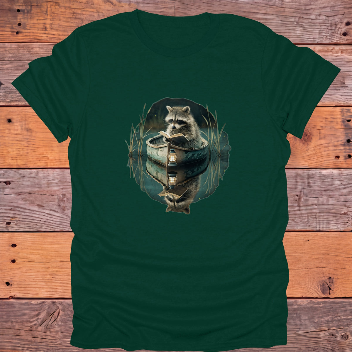 Raccoon Reading in a Rowboat Bookish T-Shirt - Forest Green