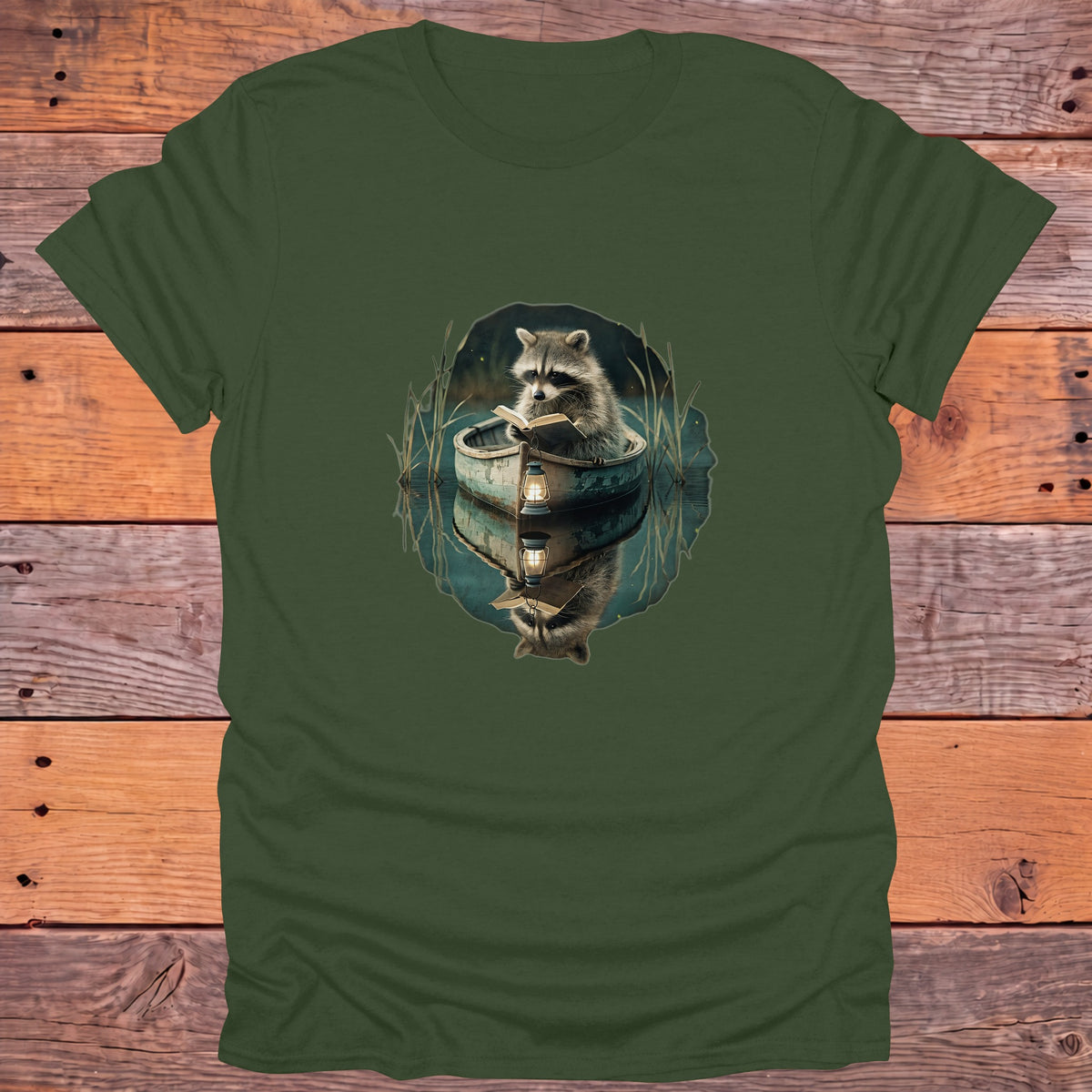 Raccoon Reading in a Rowboat Bookish T-Shirt - Military Green