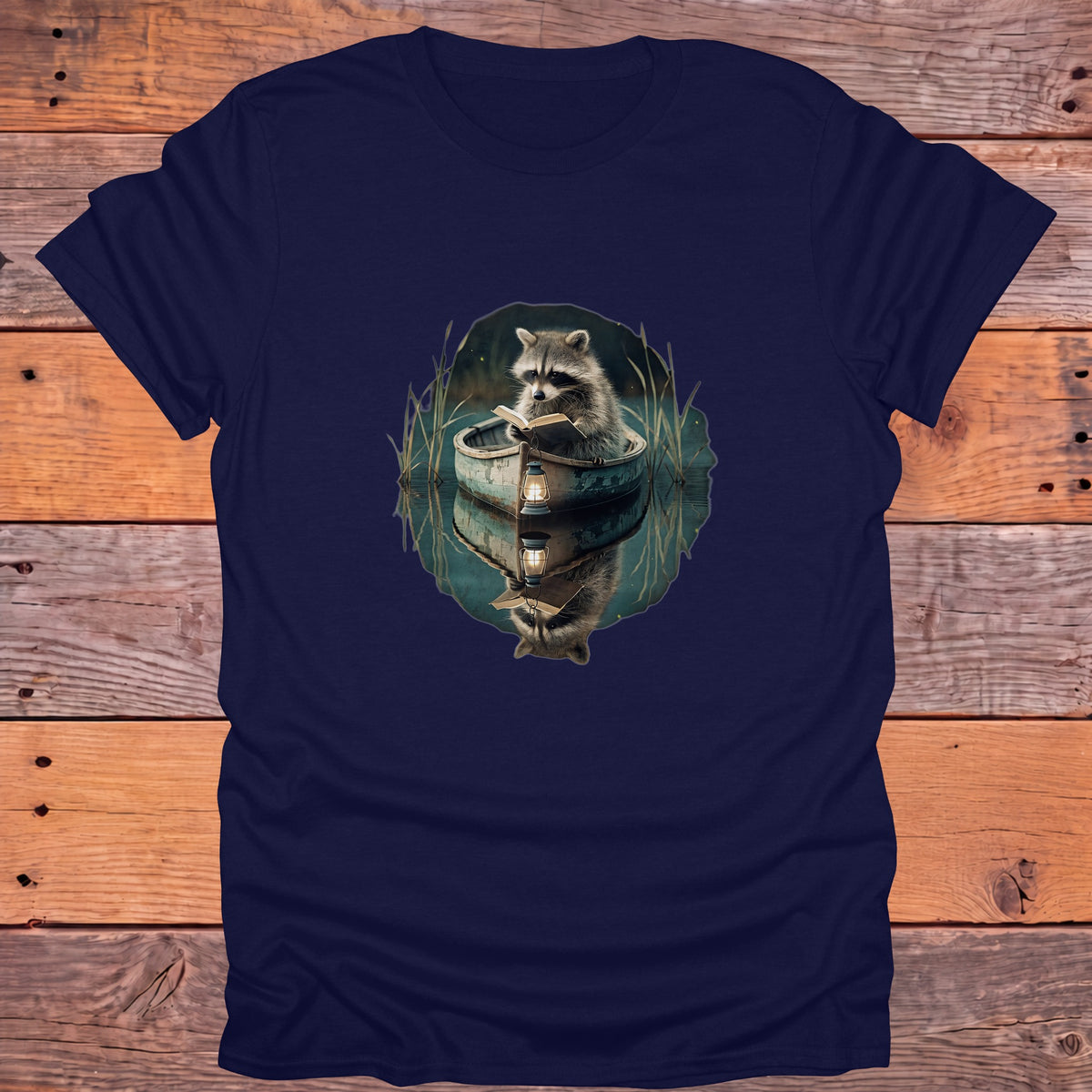 Raccoon Reading in a Rowboat Bookish T-Shirt - Navy