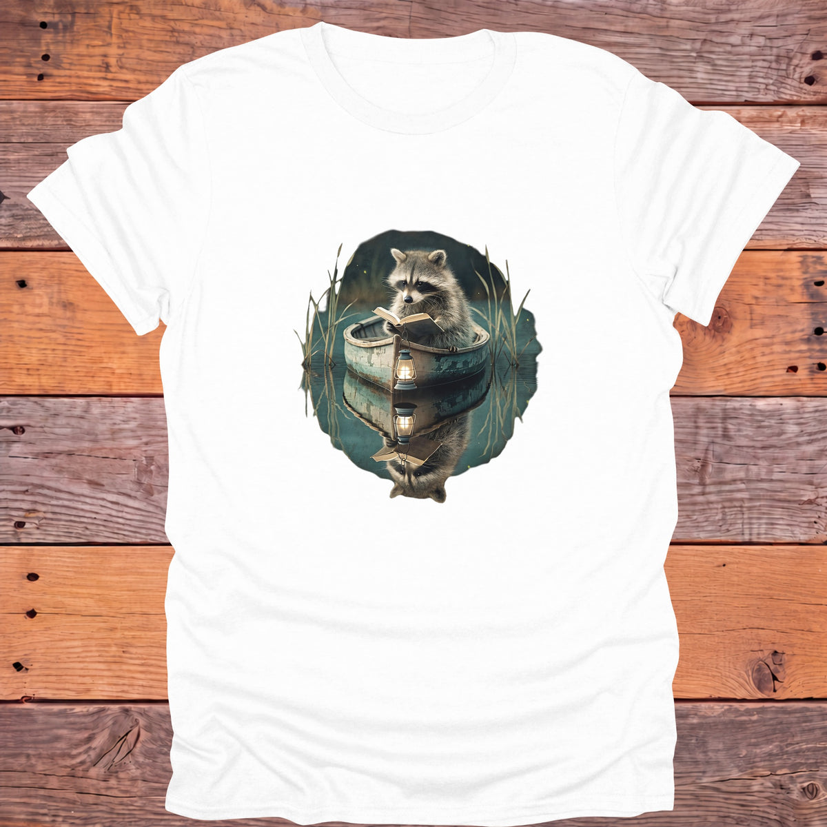 Raccoon Reading in a Rowboat Bookish T-Shirt - White
