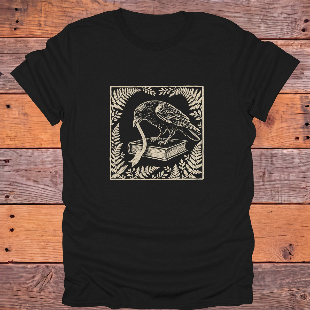 Raven Ribbon Book Ferns Bookish T-Shirt - Black