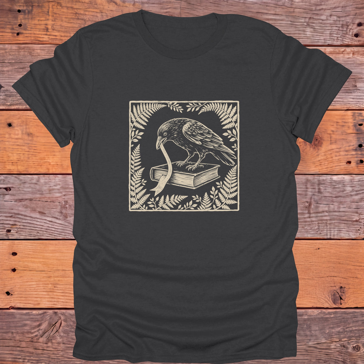 Raven Ribbon Book Ferns Bookish T-Shirt - Charcoal