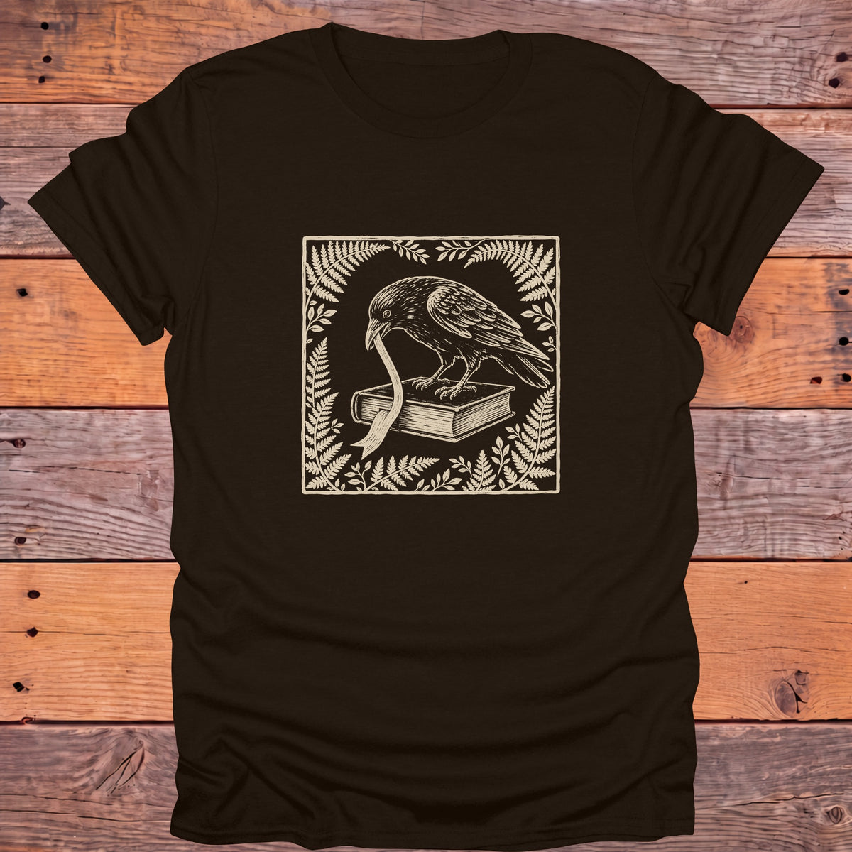 Raven Ribbon Book Ferns Bookish T-Shirt - Dark Chocolate
