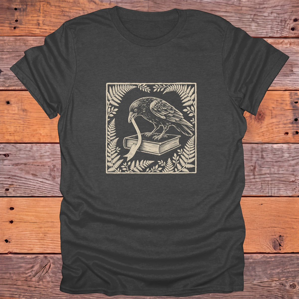 Raven Ribbon Book Ferns Bookish T-Shirt - Dark Heather