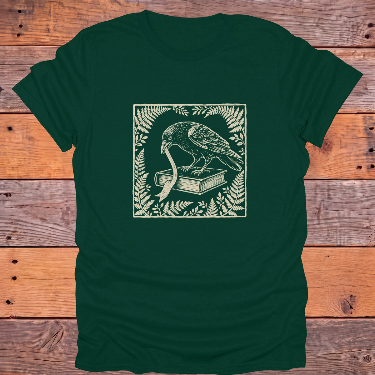 Raven Ribbon Book Ferns Bookish T-Shirt - Forest Green