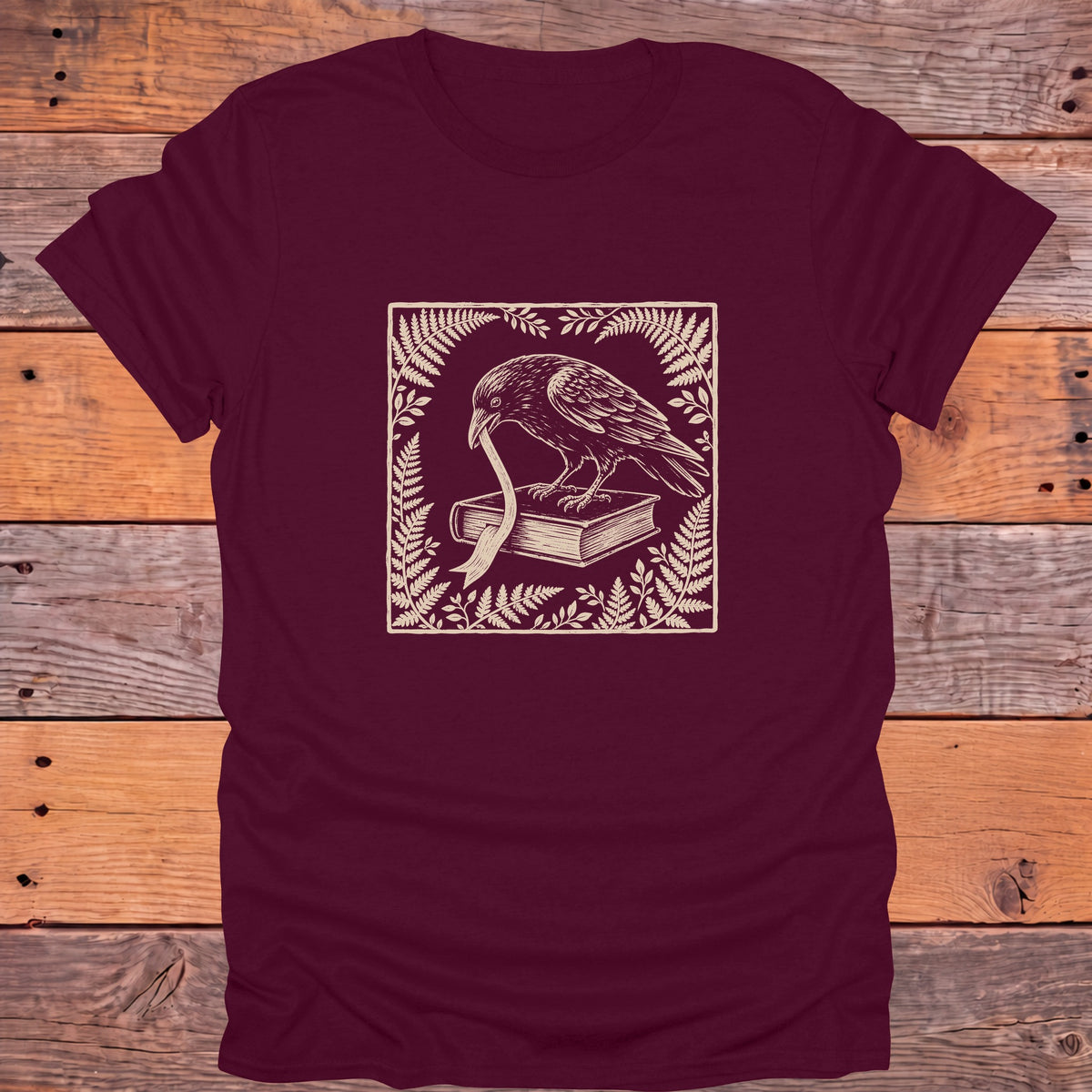 Raven Ribbon Book Ferns Bookish T-Shirt - Maroon