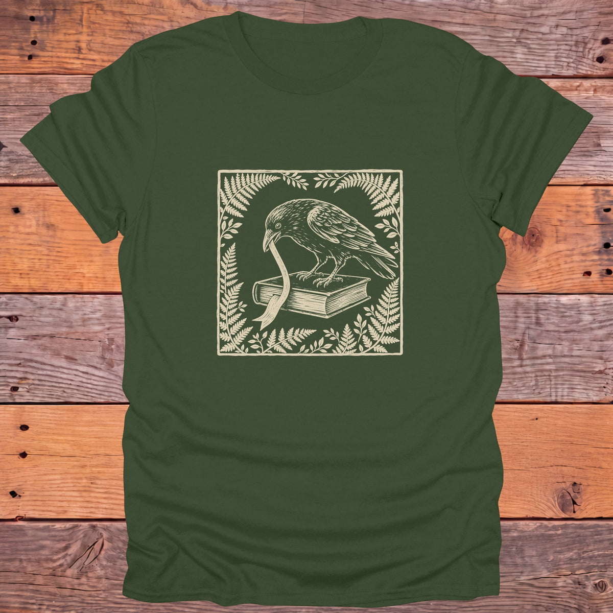 Raven Ribbon Book Ferns Bookish T-Shirt - Military Green