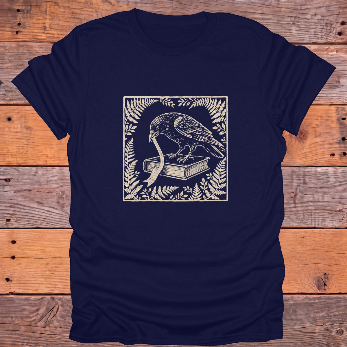Raven Ribbon Book Ferns Bookish T-Shirt - Navy