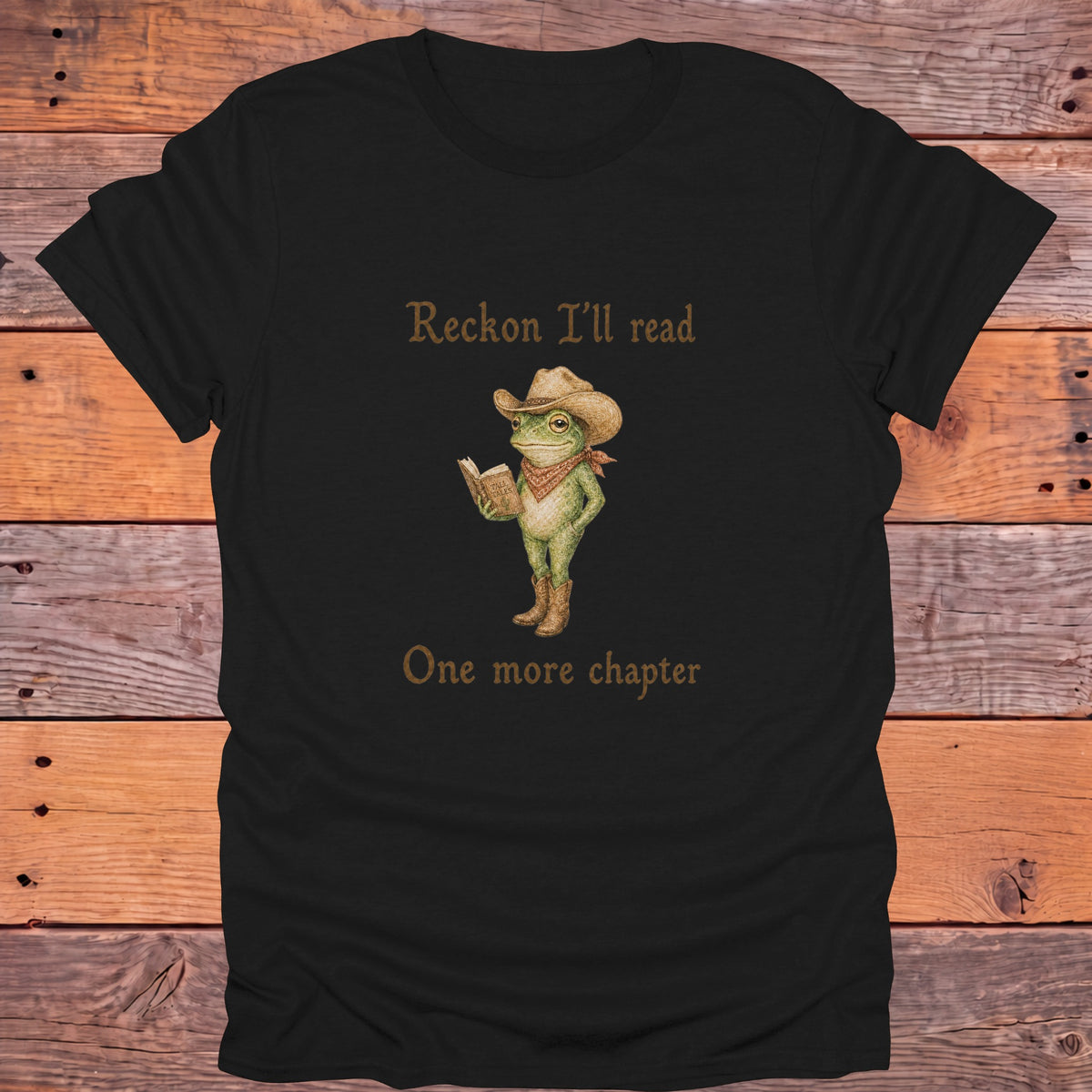 Reckon I'll Read One More Chapter Cowboy Frog Bookish T-Shirt - Black