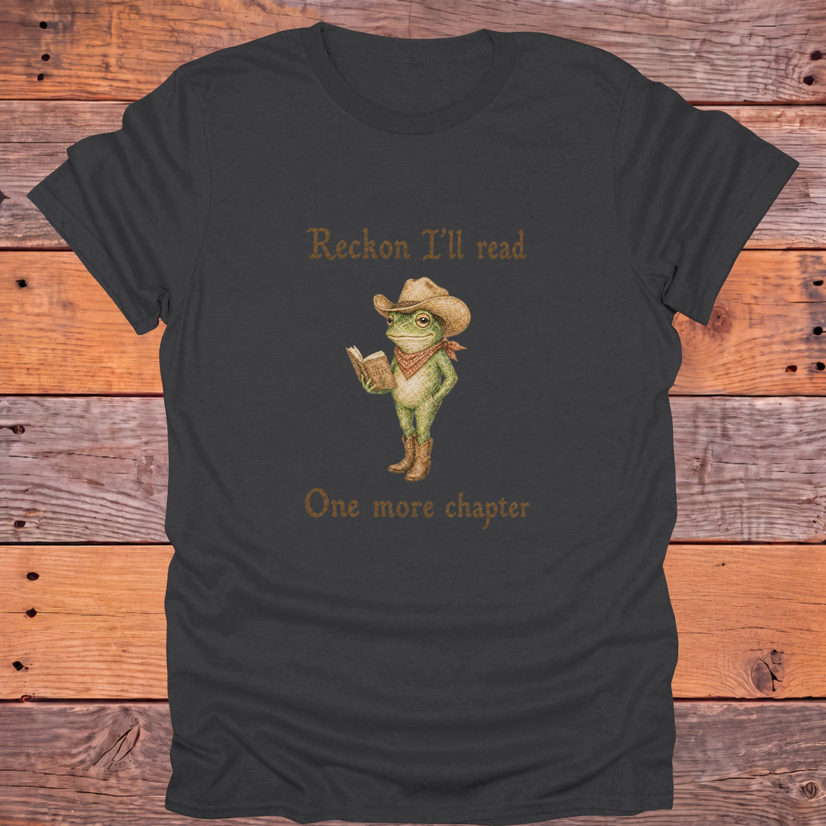 Reckon I'll Read One More Chapter Cowboy Frog Bookish T-Shirt - Charcoal