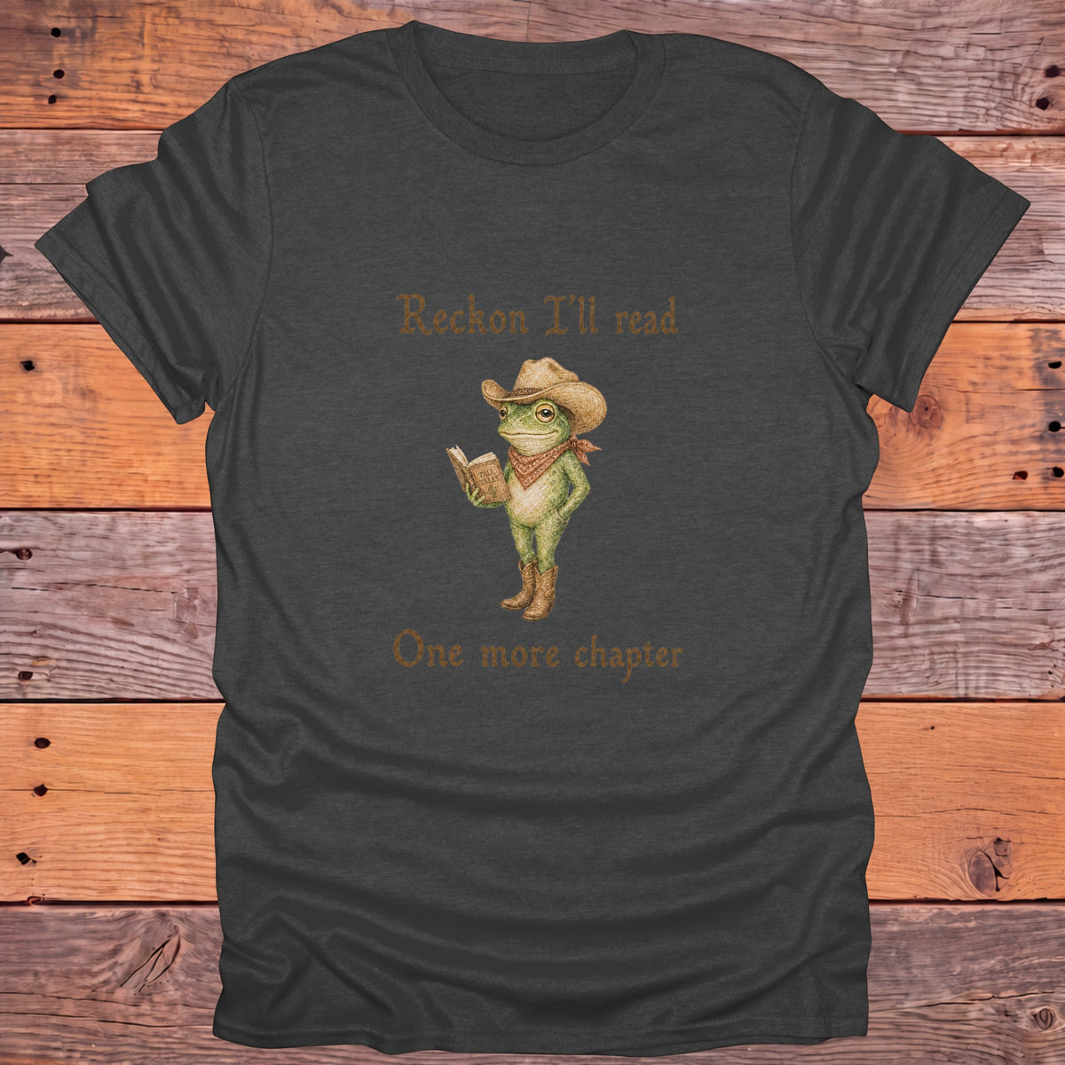 Reckon I'll Read One More Chapter Cowboy Frog Bookish T-Shirt - Dark Heather